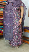 Plum and teal Printed Checked Tussar Silk Suit - G913