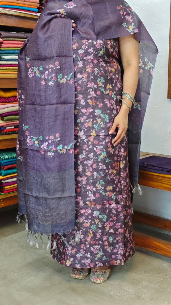 Plum and teal Printed Checked Tussar Silk Suit - G913
