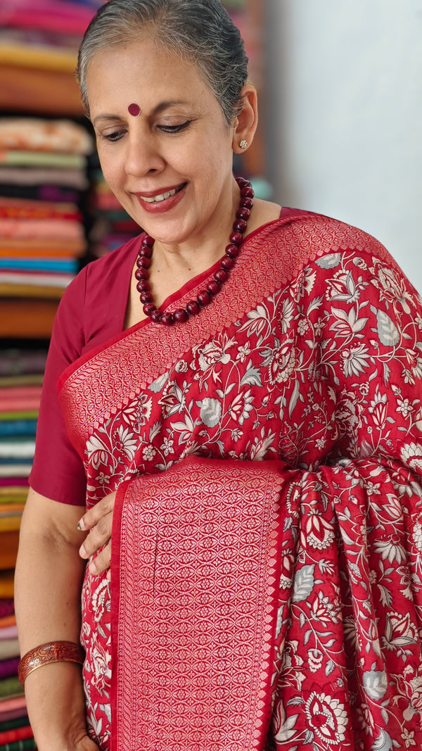 Cherry Red Banarasi Dola Silk Saree