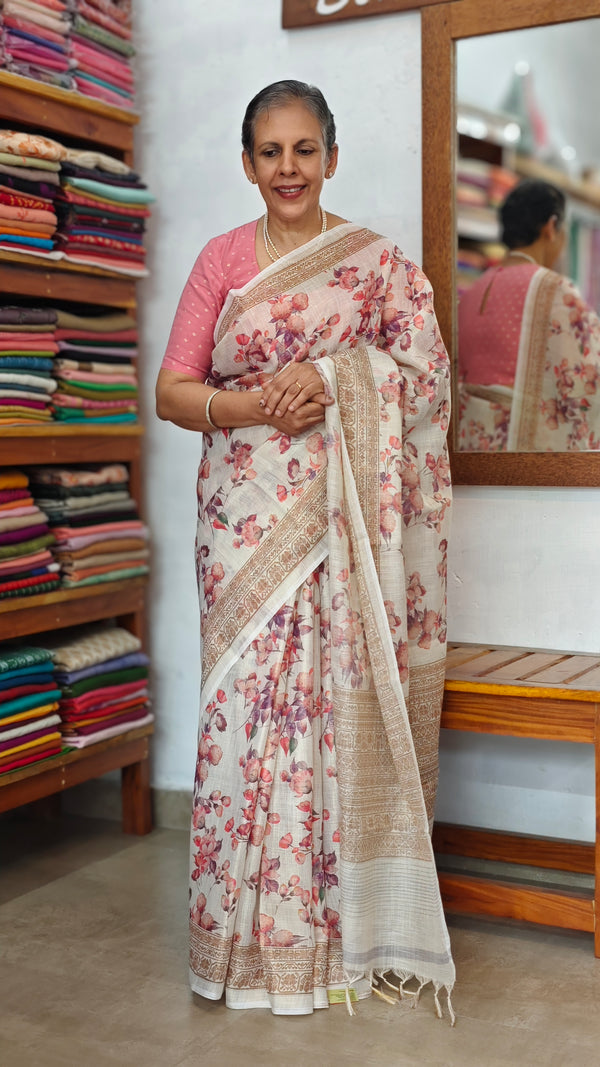 Beige Printed Linen Saree