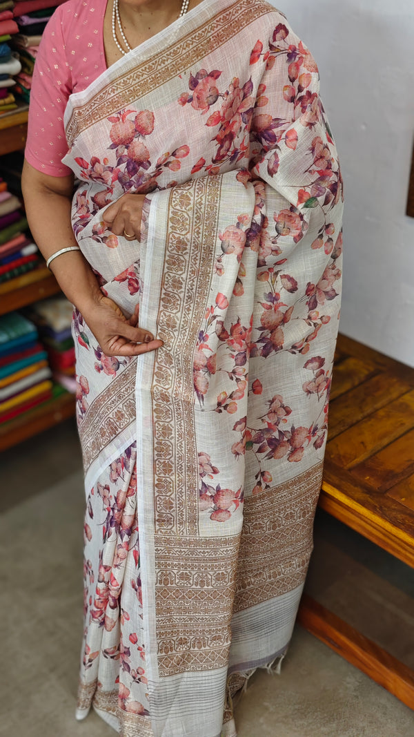 Beige Printed Linen Saree