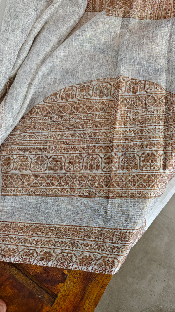 Beige Printed Linen Saree