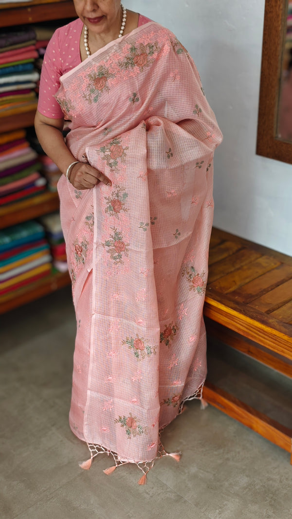 Light Peach Embroidered Silky Kota Saree