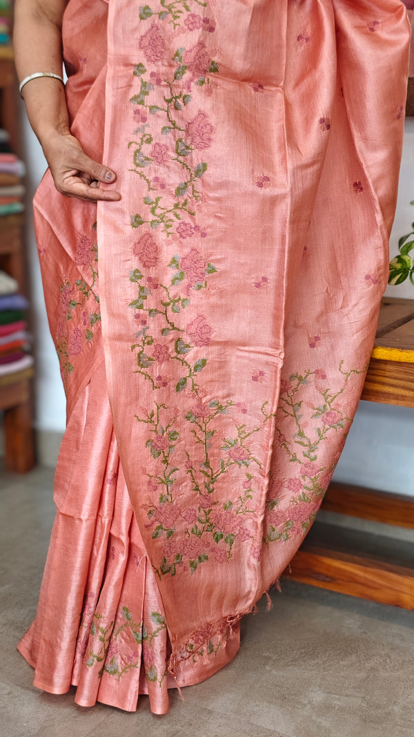 Peach Pink Tussar Silk Saree with Cross Stitch Embroidery
