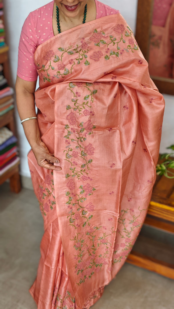 Peach Pink Tussar Silk Saree with Cross Stitch Embroidery