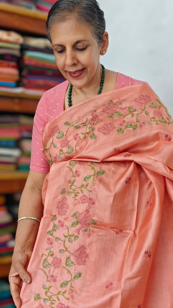 Peach Pink Tussar Silk Saree with Cross Stitch Embroidery