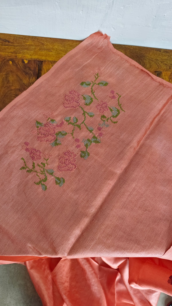 Peach Pink Tussar Silk Saree with Cross Stitch Embroidery