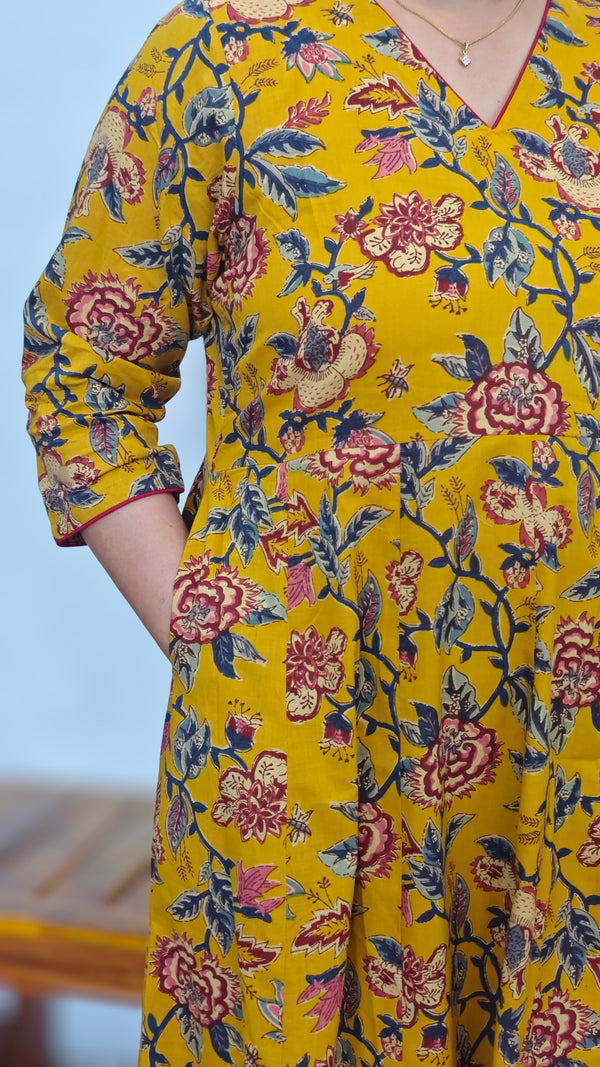 Mustard Floral Printed Anarkali Dress