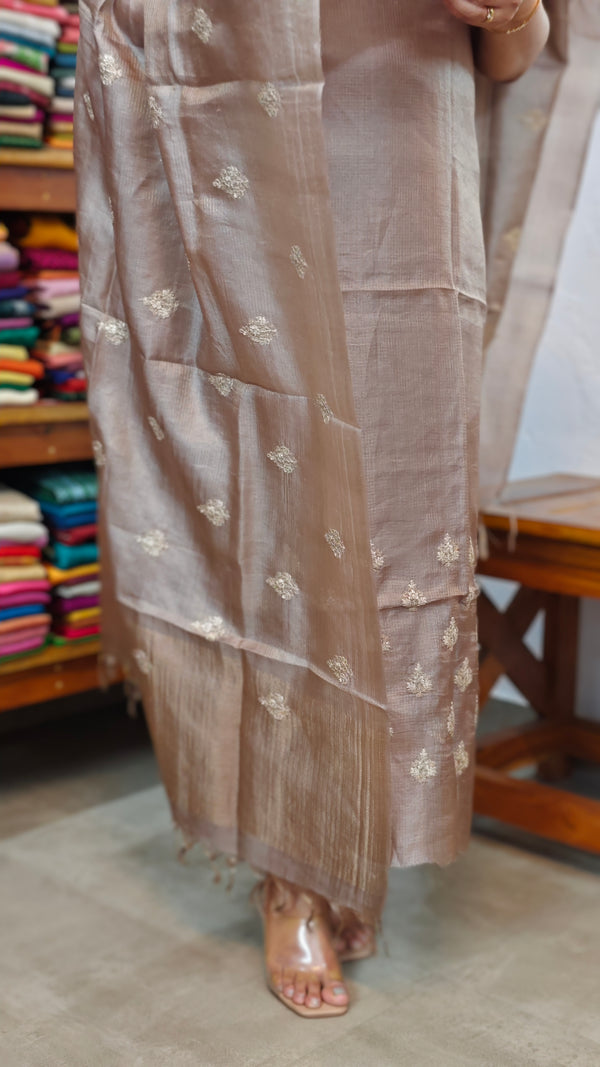Taupe Checked Tussar Silk Suit - ZC570