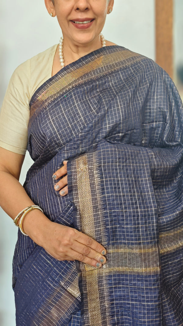 Dark Blue Mini Check Semi Silk Saree - BGR8