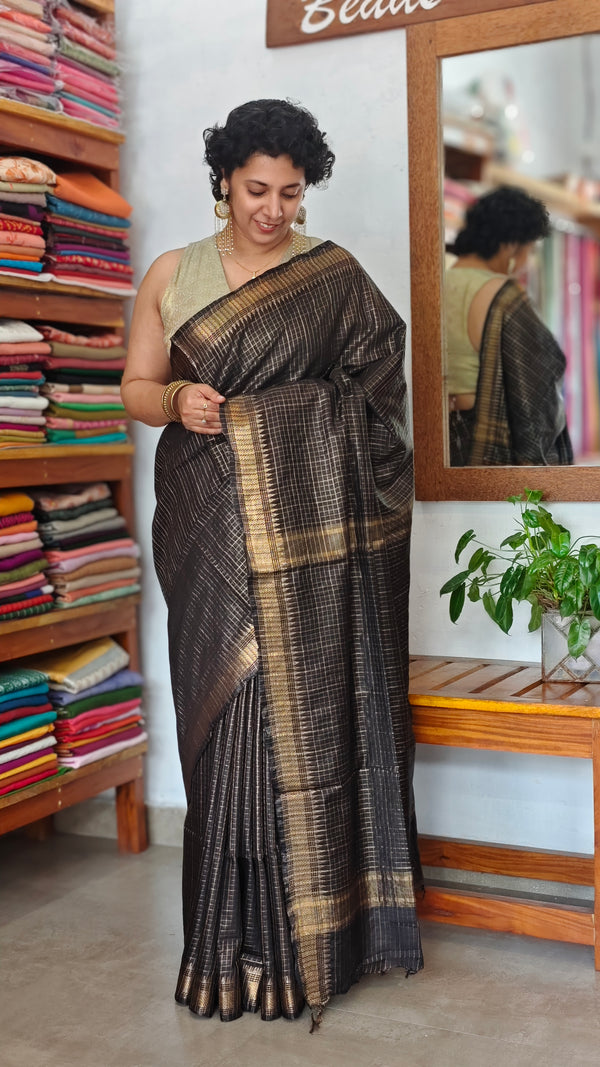 Black Mini Checks Semi Silk Saree - BGR8