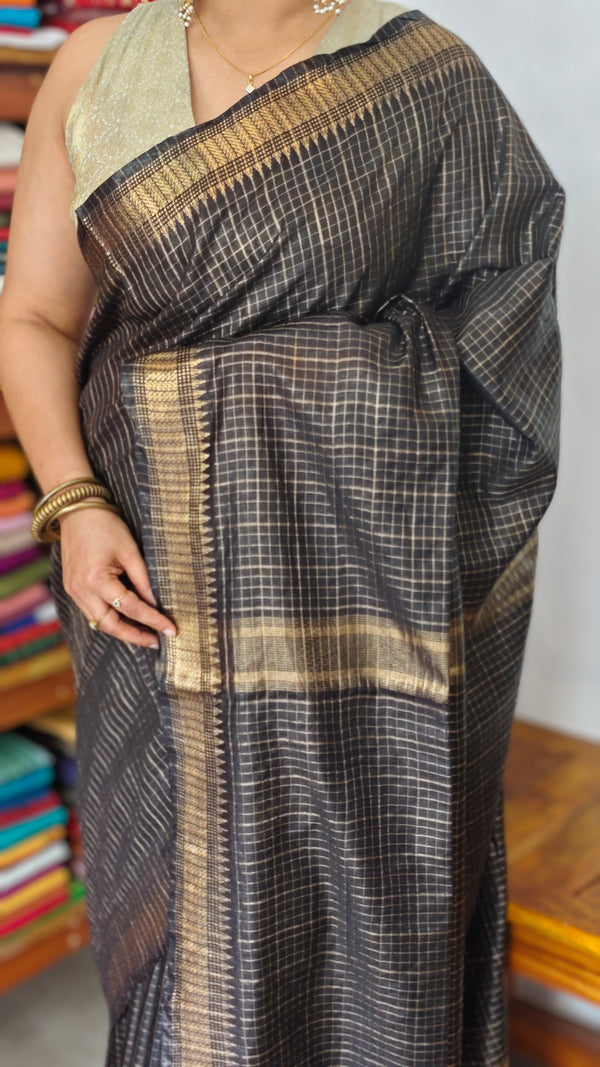 Black Mini Checks Semi Silk Saree - BGR8