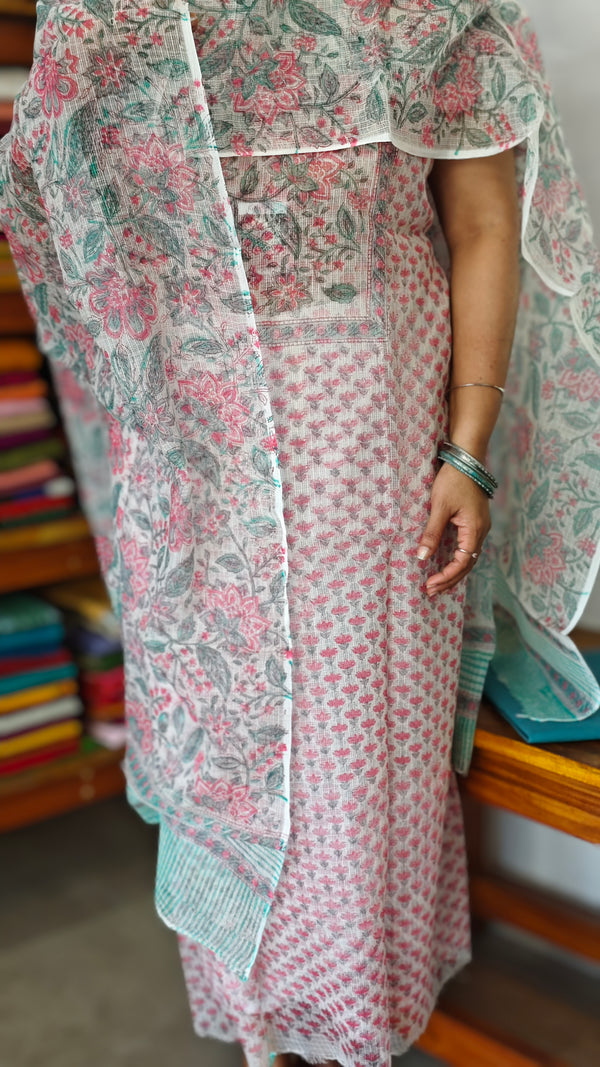 Pink and White Floral Kota Doria Suit - GD331