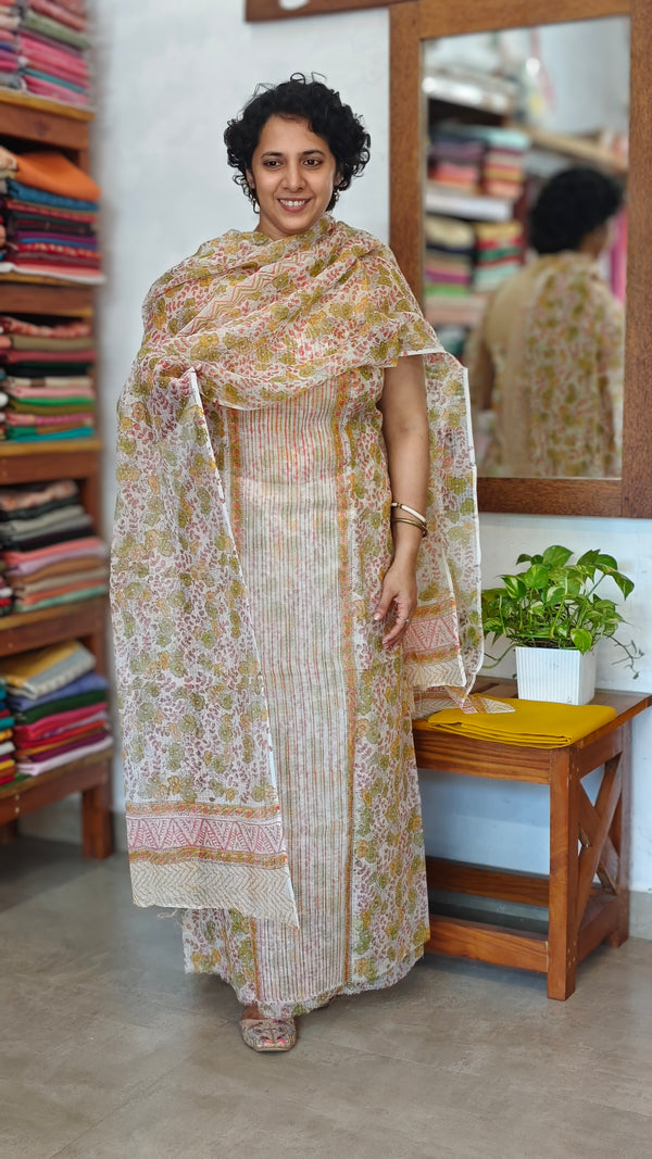 Green and Orange Printed Kota Doria Suit - GD331