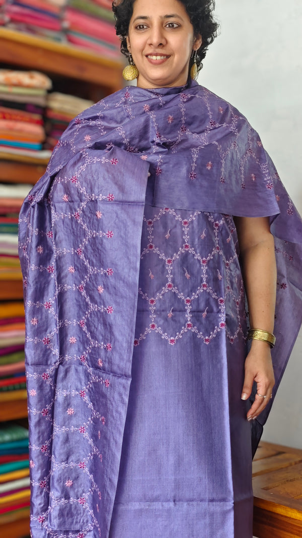 Purple Embroidered Tussar Silk Suit - CC31