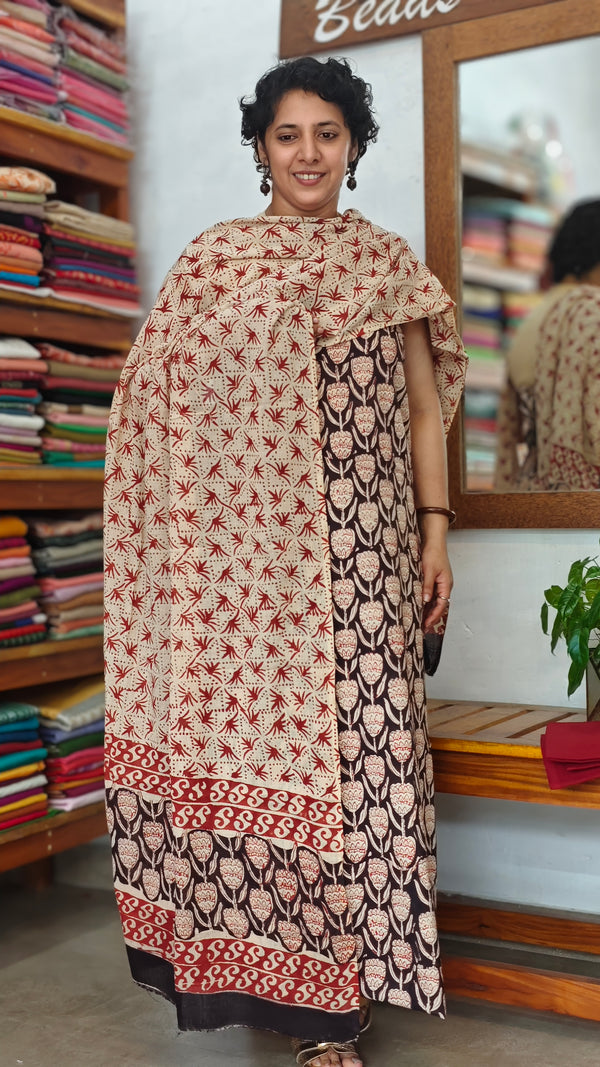 Black, Beige and Brick Red Block printed cotton suit