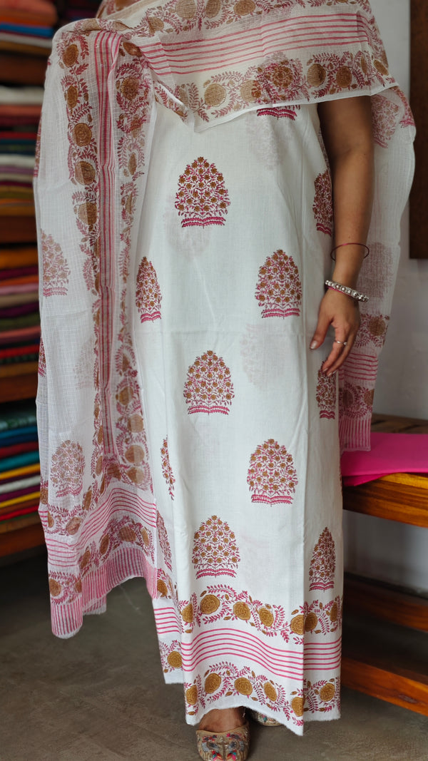 Off white and pink Cotton suit with Kota Doria Dupatta