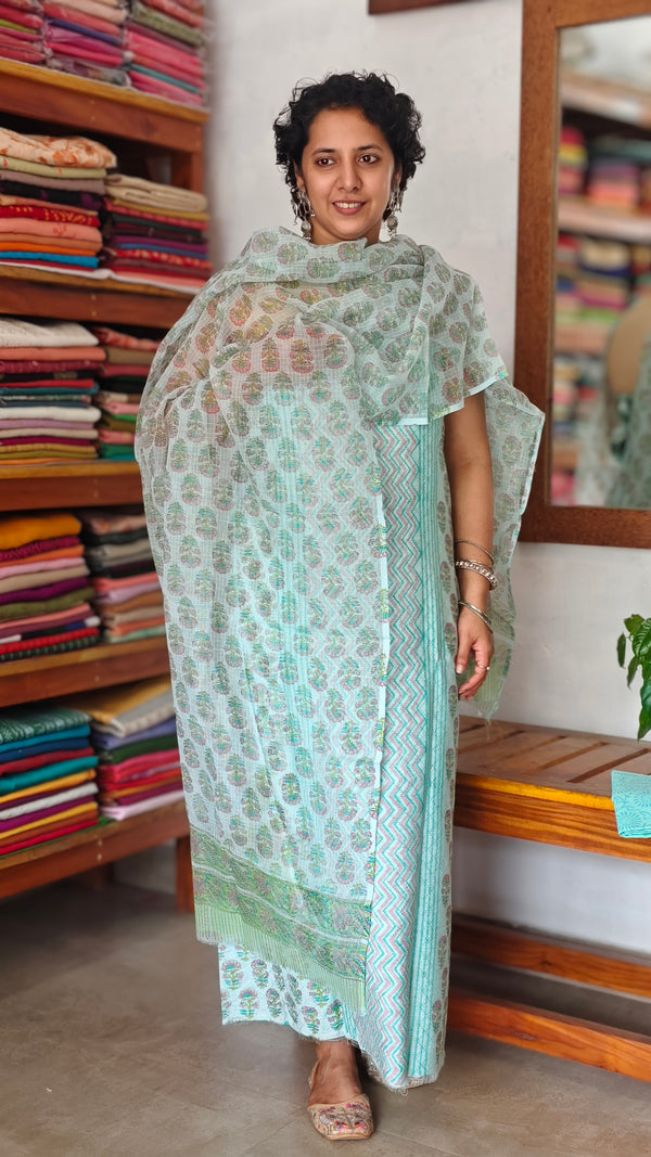 Aqua Blue Chanderi Suit with Kota Doria Dupatta
