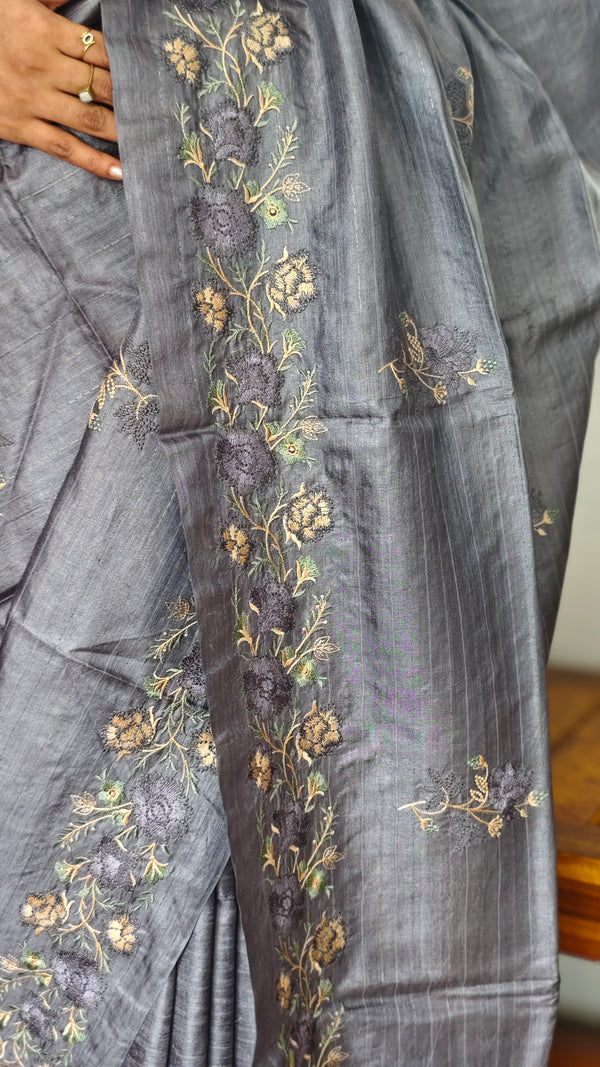 Lavender Blue Tussar Silk Saree - ADX22