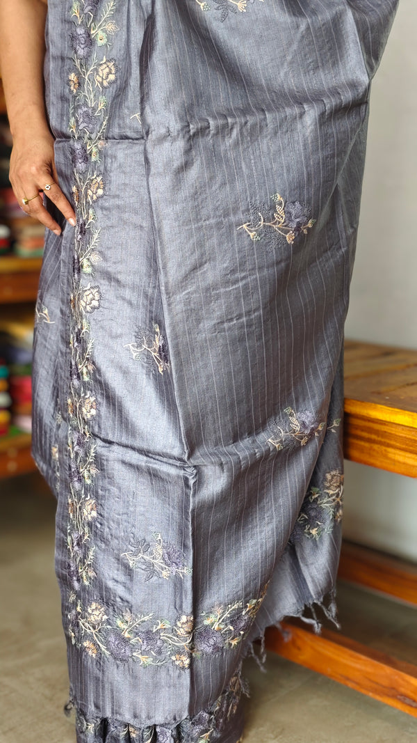 Lavender Blue Tussar Silk Saree - ADX22