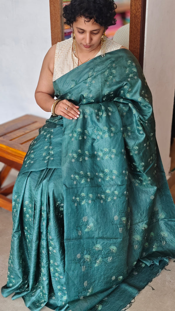 Emerald Green Embroidered Tussar Silk Saree - ADX28