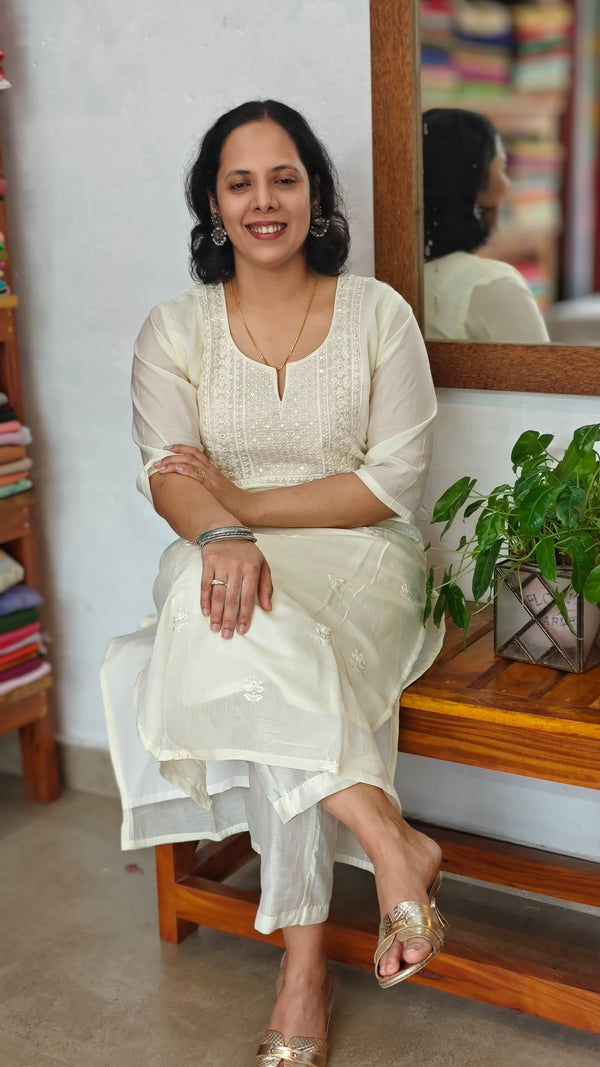 Cream chanderi 2 piece kurti set