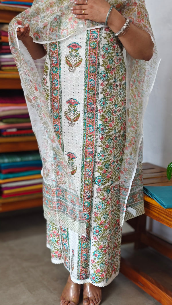 Pink - Teal and Green Cotton Suit with Kota Doria Dupatta - CNA8