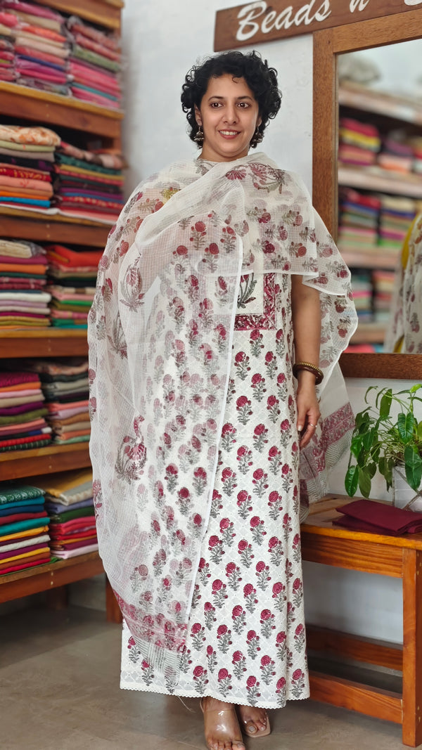 Maroon and Green Cotton Suit with Kota Doria Dupatta - CNA8