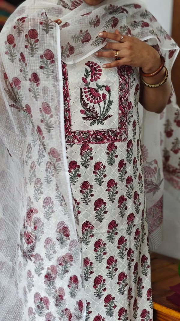 Maroon and Green Cotton Suit with Kota Doria Dupatta - CNA8