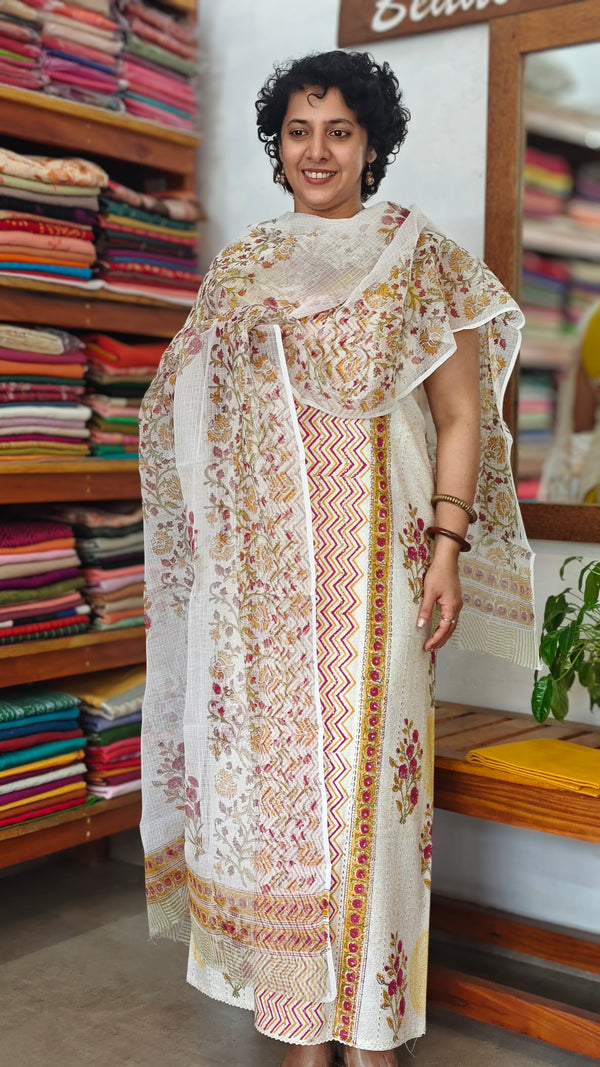 Mustard and Pink Cotton Suit with Kota Doria Dupatta - CNA8