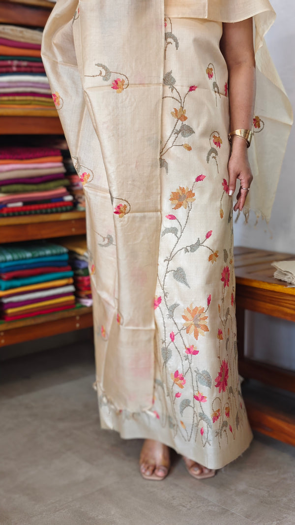 Cream Tussar Silk Suit with Cross Stitch Embroidery - 9410