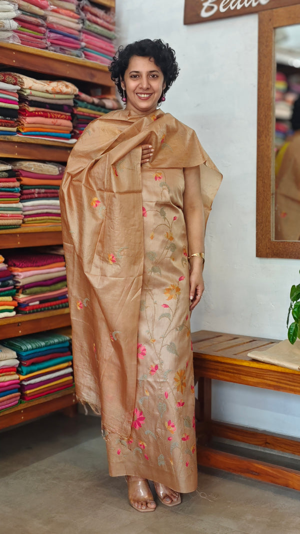Golden Beige Tussar Silk Suit with Cross Stitch Embroidery - 9410