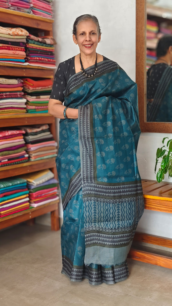 Blue Block Printed Lined Noil Tussar Silk Saree - TQN2