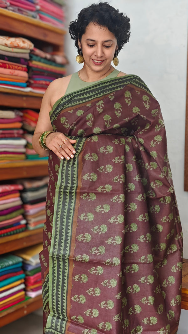 Coffee Brown Block Printed Noil Tussar Silk Saree - TQN2