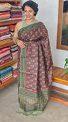 Coffee Brown Block Printed Noil Tussar Silk Saree - TQN2