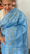 Maya Blue Tussar Silk Saree with Cross Stitch Embroidery - BCA45