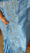 Maya Blue Tussar Silk Saree with Cross Stitch Embroidery - BCA45
