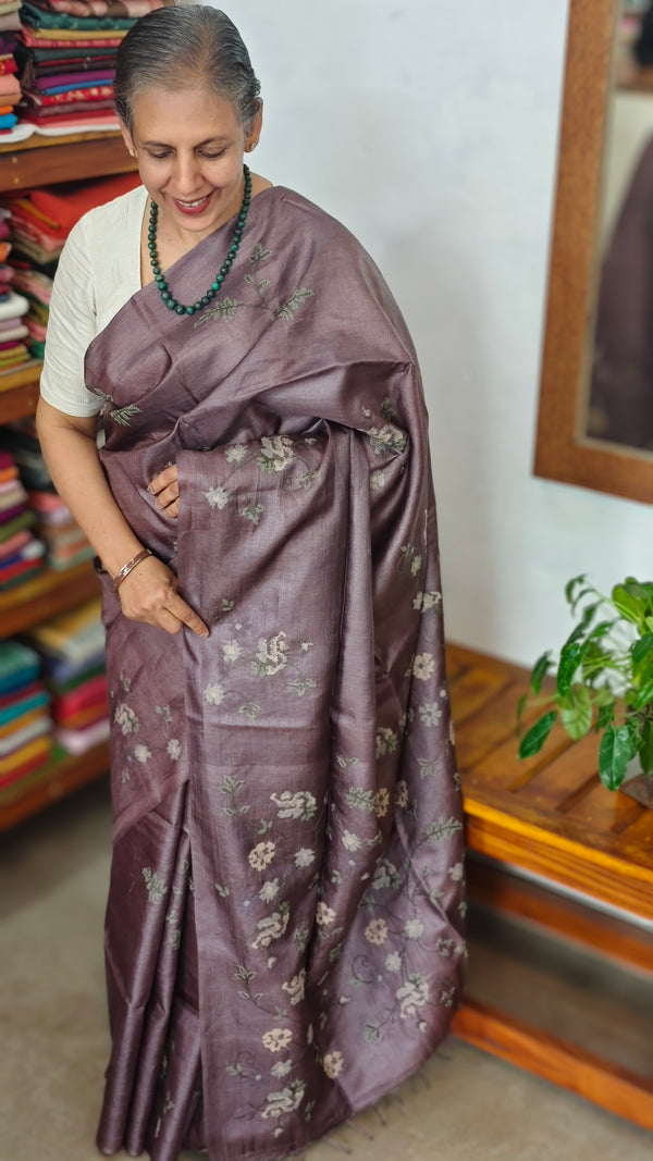 Dark Mauve Purple Tussar Silk Saree
