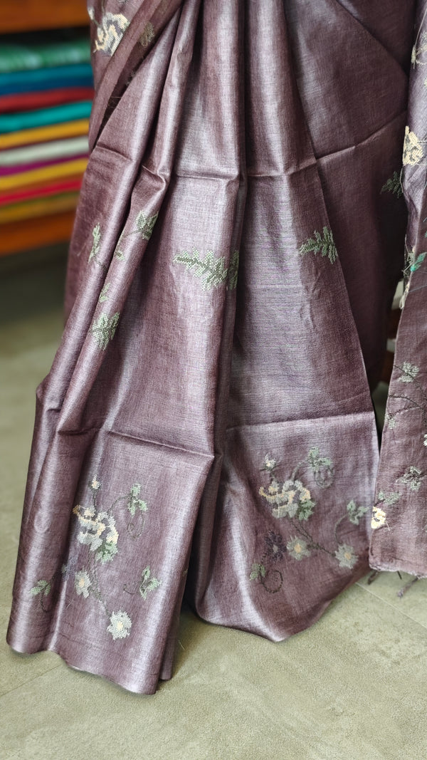 Dark Mauve Purple Tussar Silk Saree