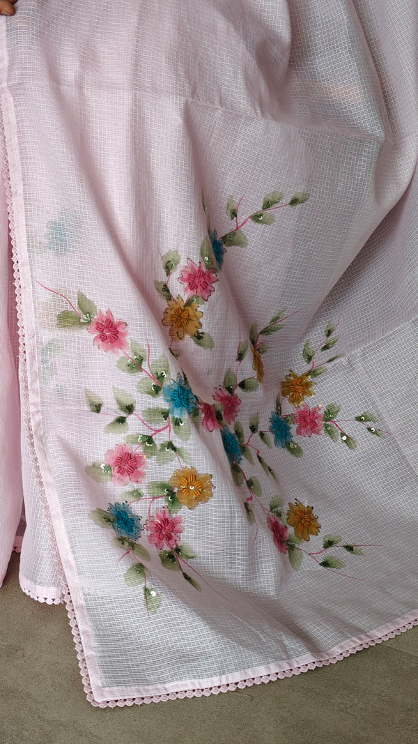 Pastel Pink Painted Kota Saree
