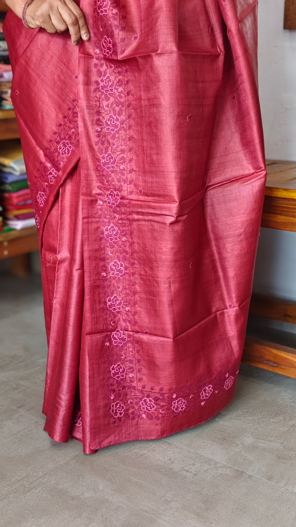 Maroon desi tussar silk saree with cross stitch embroidery - GY349