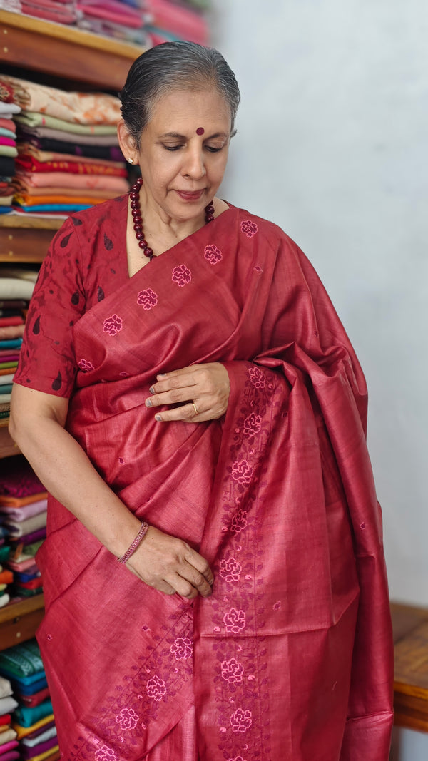 Maroon desi tussar silk saree with cross stitch embroidery - GY349