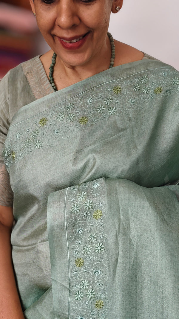 Sea Green embroidered Tussar Silk Saree