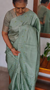 Sea Green embroidered Tussar Silk Saree
