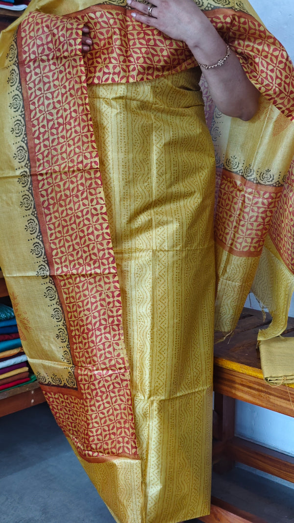 Mustard Printed Tussar Silk Suit - PTS25