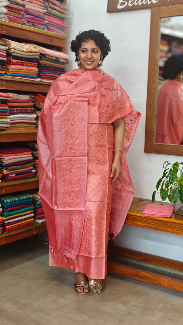 Dark Peach Embroidered Tussar Silk Suit