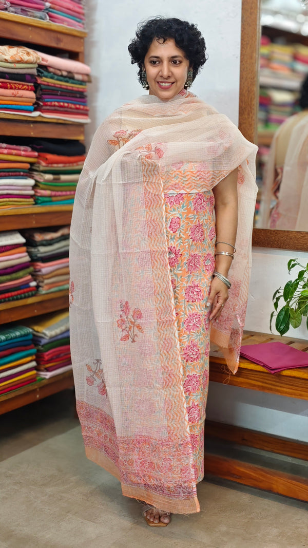 Peach and Mustard Cotton Suit with Kota Doria Dupatta