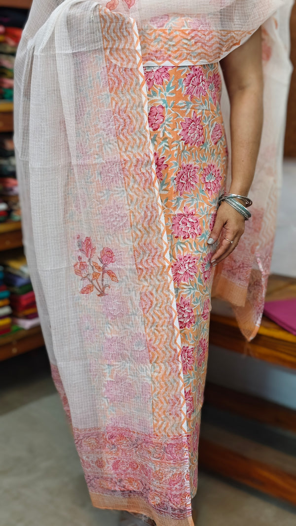Peach and Mustard Cotton Suit with Kota Doria Dupatta