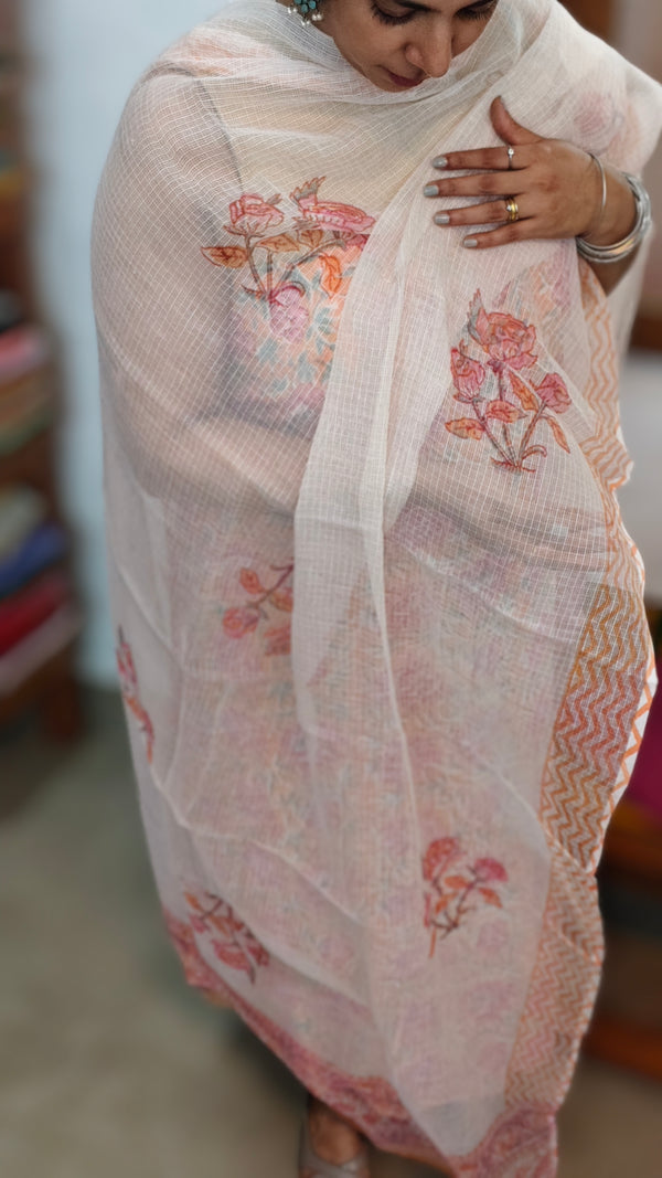 Peach and Mustard Cotton Suit with Kota Doria Dupatta