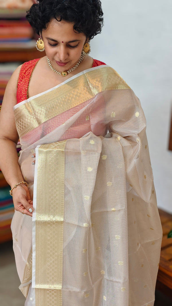 Cream and Gold Tissue Kota Saree - 7V26
